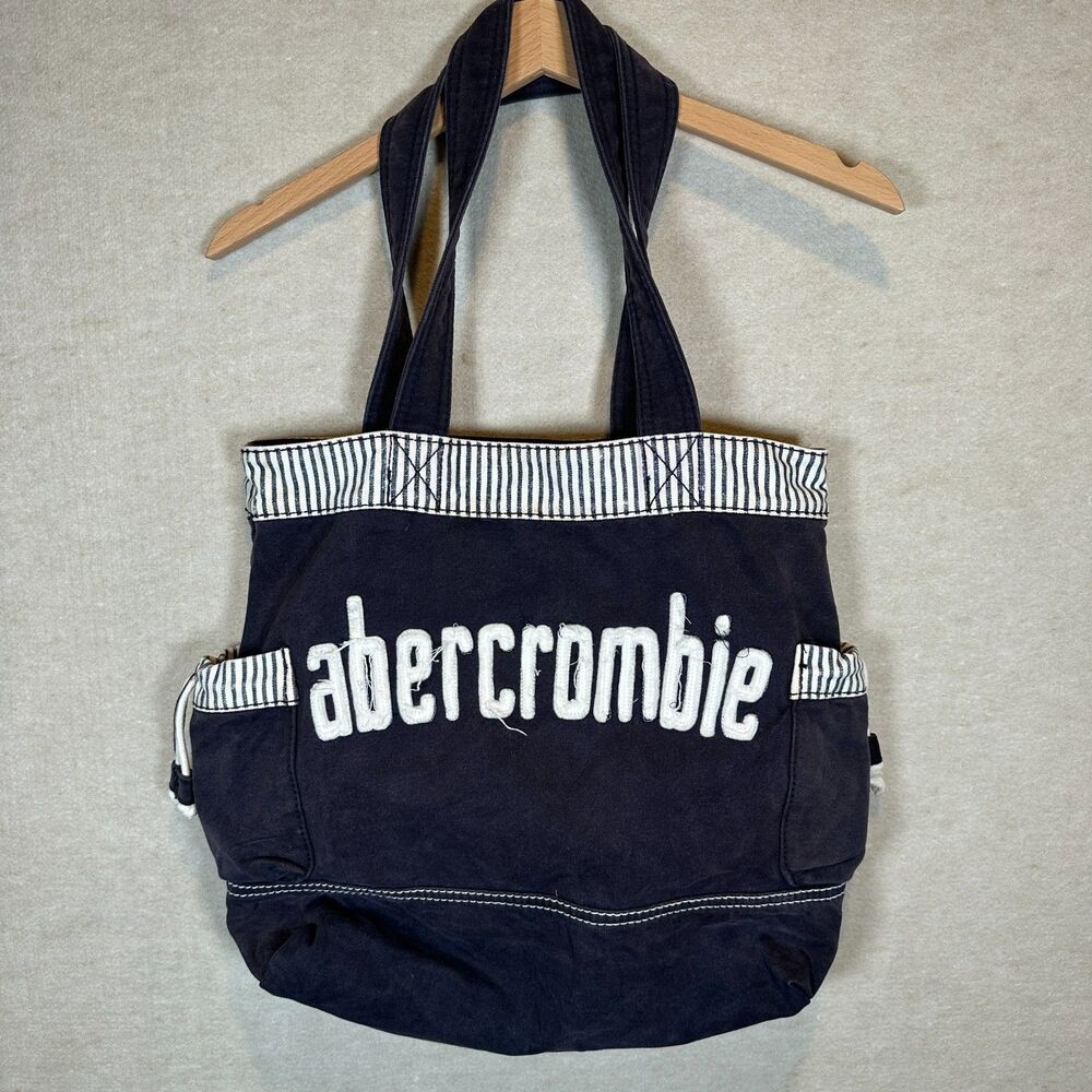 Abercrombie & Fitch Vintage Navy Canvas Tote Bag Embroidered Logo Pinstripe